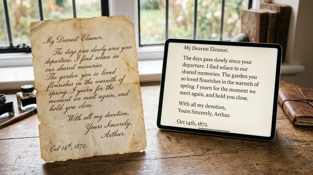 An antique cursive letter next to its digital transcription showing how AI can read cursive from historical documents