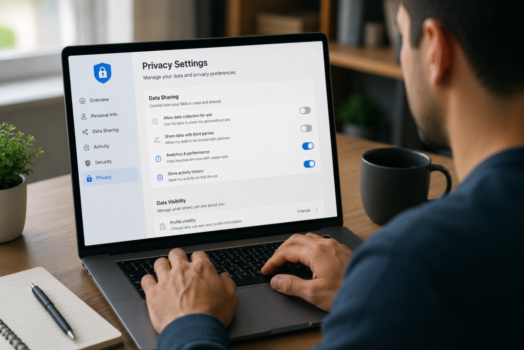 Person adjusting privacy and data-sharing settings on a laptop to limit personal data exposure.