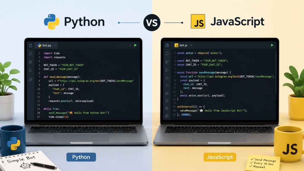 Comparison of Python and Node.js code for how to make a Twitter bot
