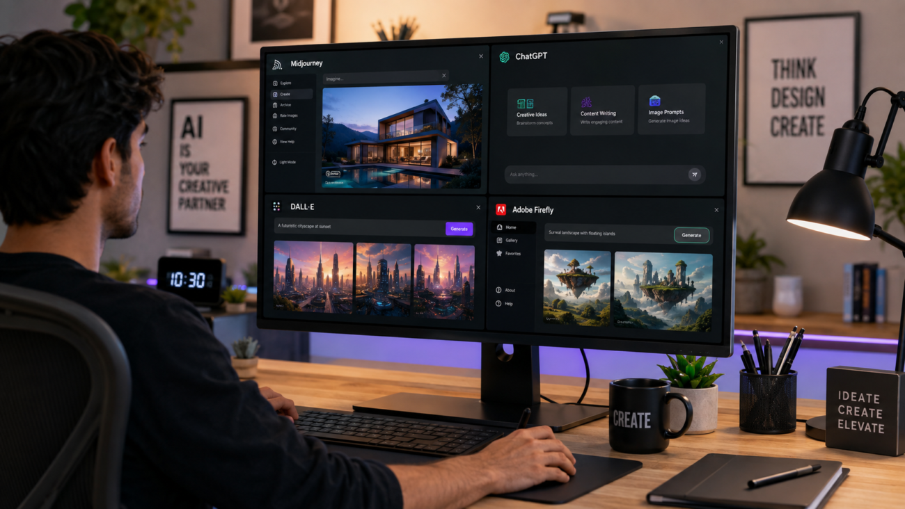 Designer reviewing AI creative tools news and updates on a desktop screen