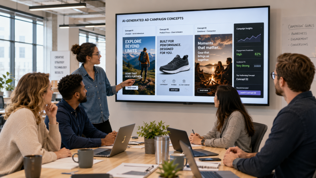 Marketing team discussing AI creative tools news and ad creative options