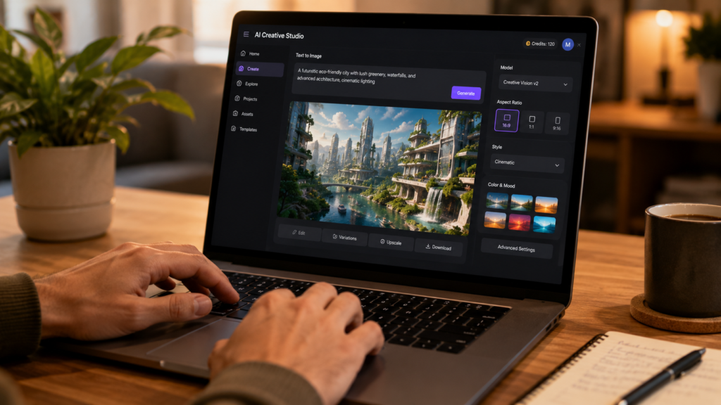 Freelancer following AI creative tools news while working on a laptop