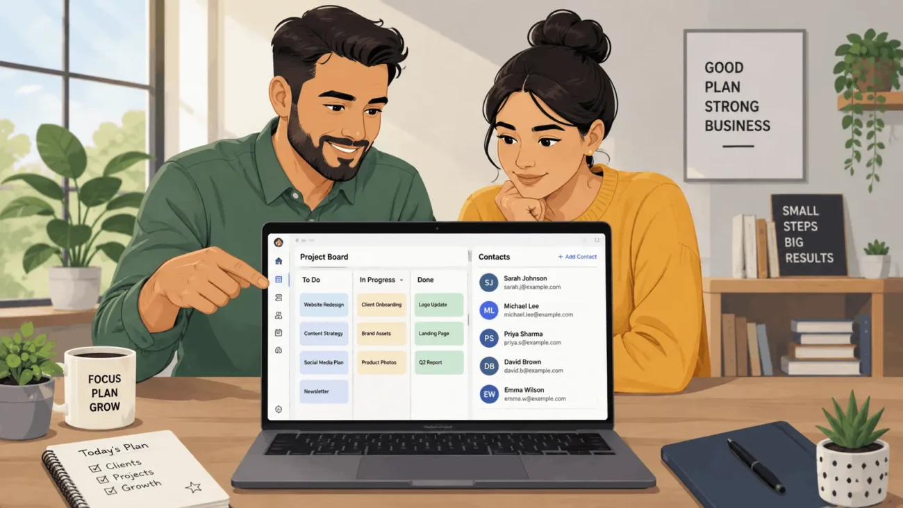 Small business team reviewing free business management software on a laptop