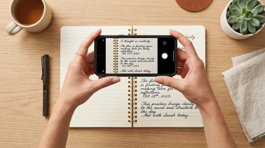 A smartphone photographing a flattened handwritten page to show how to help AI read cursive more accurately