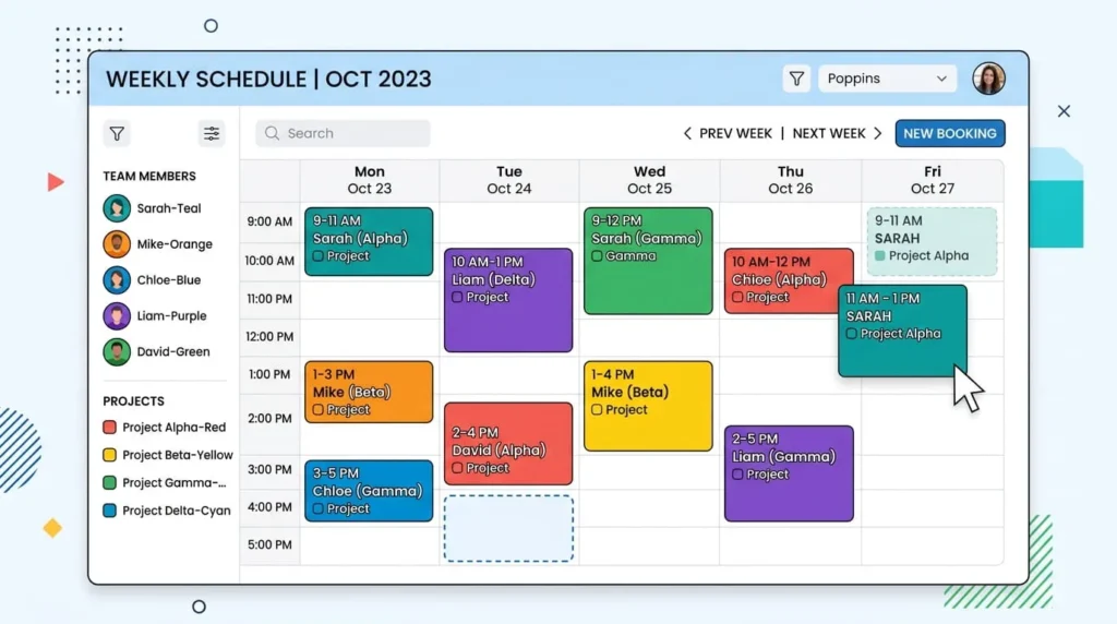 Scheduling calendar screen from resource management software showing team bookings