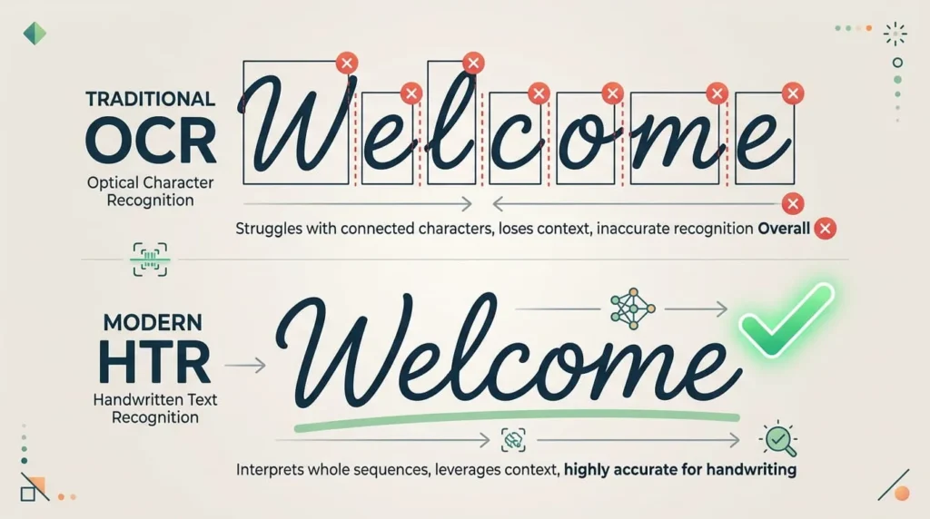 Diagram comparing old OCR and modern HTR to explain how AI can read cursive handwriting