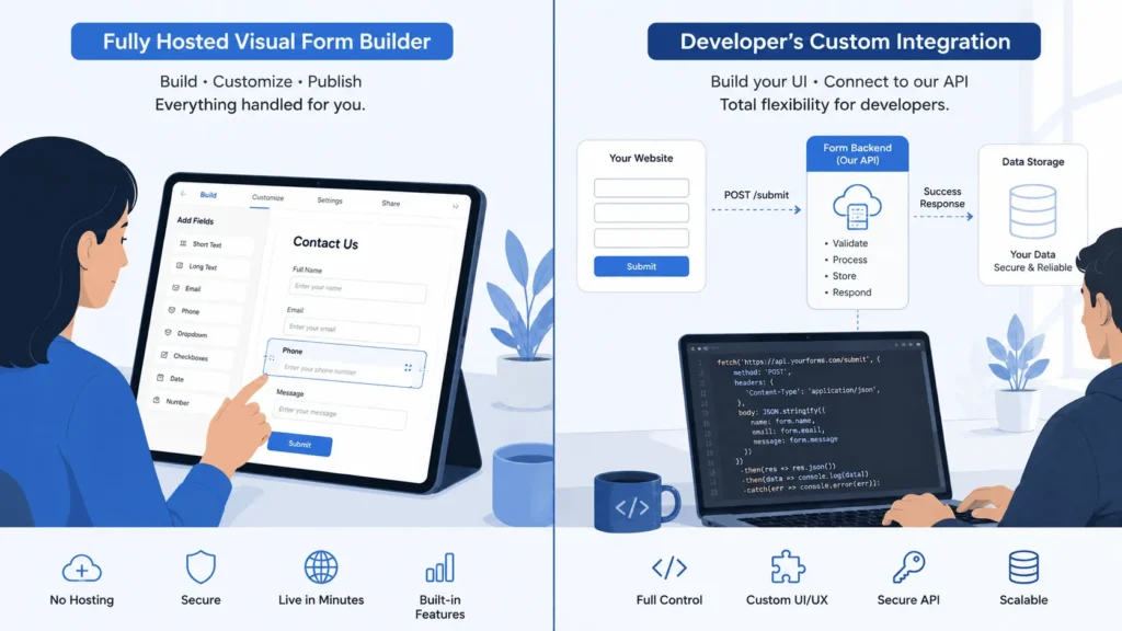 Diagram comparing a hosted no-code form builder to a form backend connected to a custom website