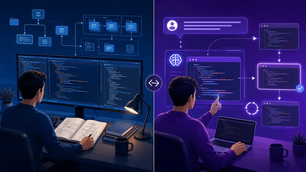 Comparison of vibe coding and traditional coding, showing manual code architecture on one side and AI-assisted iterative development on the other.