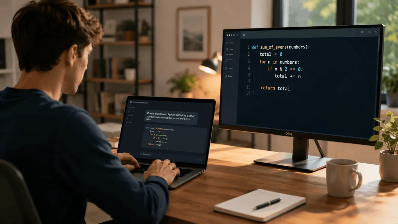 Illustration showing what is vibe coding, a person typing a prompt that generates code on screen