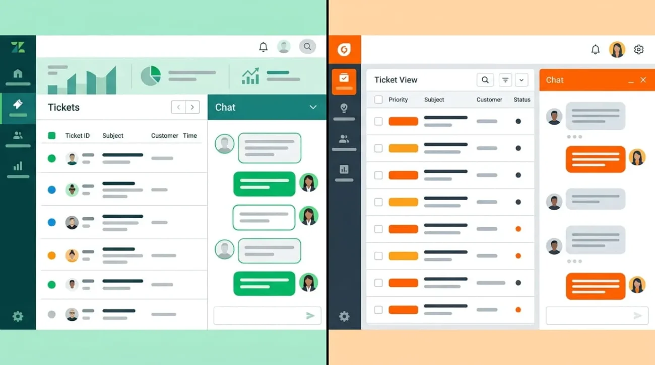 Side by side illustration comparing Zendesk vs Freshdesk support dashboards
