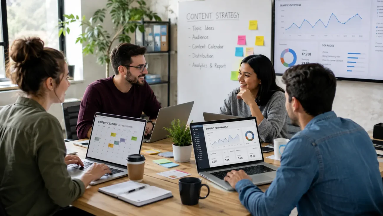 Content marketing team using top content marketing tools on laptops
