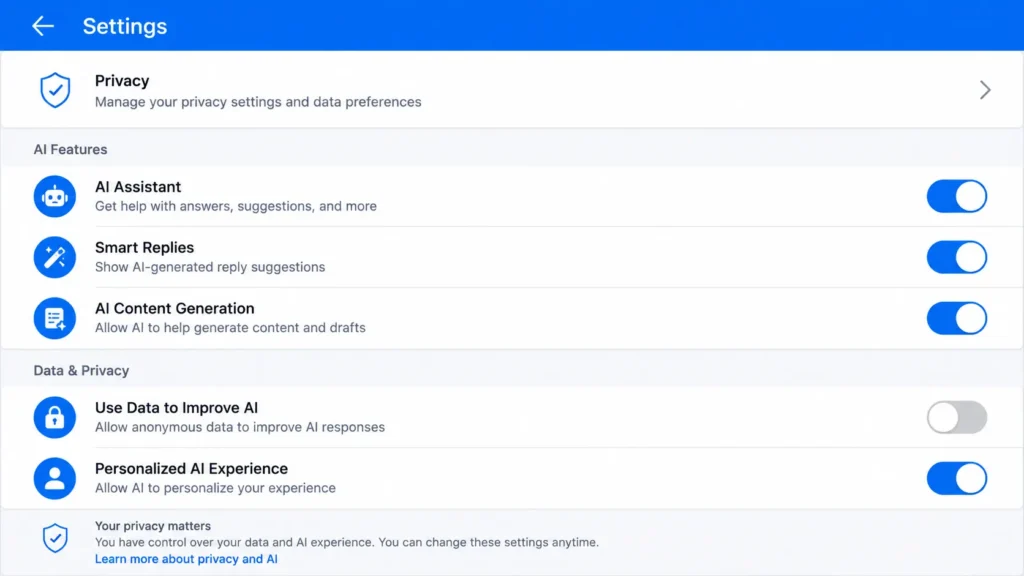 Mobile settings screen with toggles related to opting out of Meta AI
