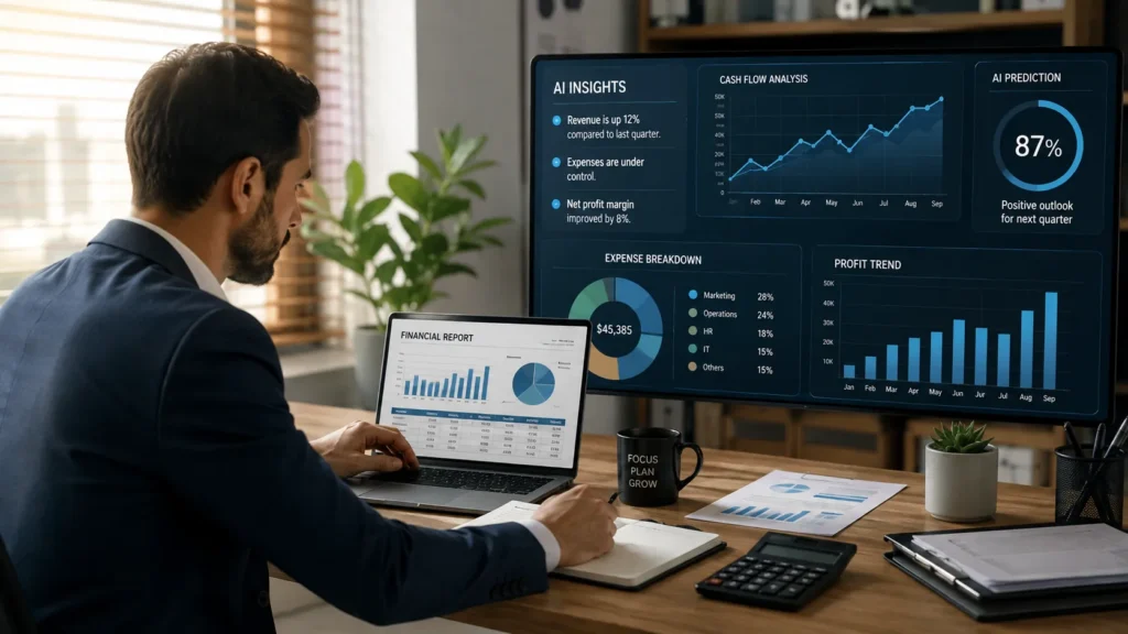 Accountant reviewing financial data next to AI-generated charts, illustrating whether AI will replace accountants
