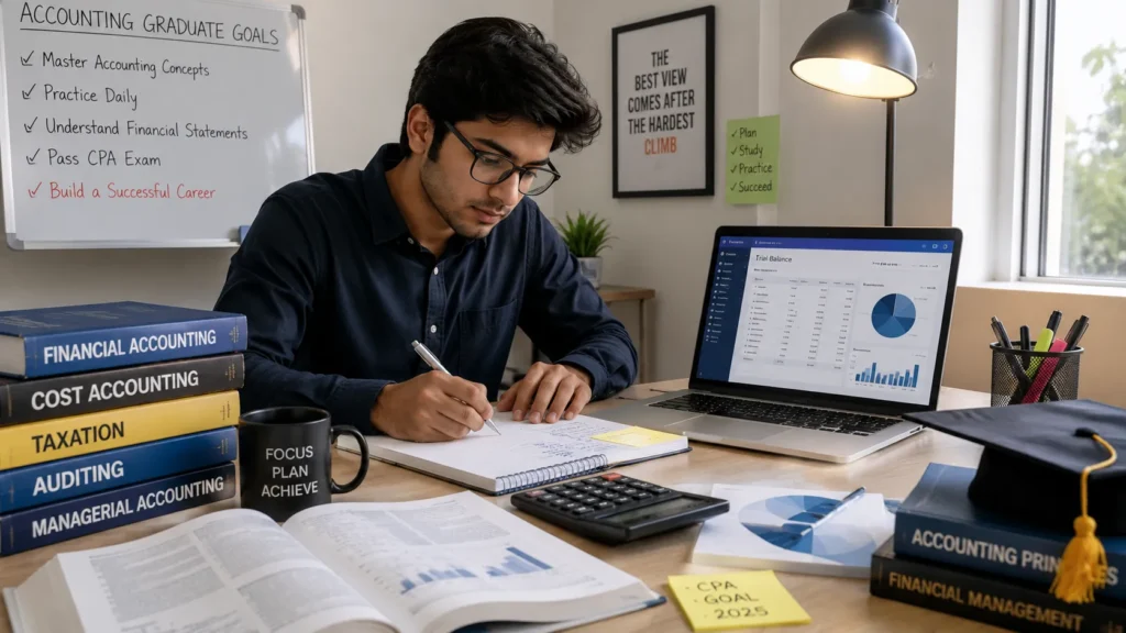 Accounting student studying with financial software, addressing whether AI will replace accountants for new graduates