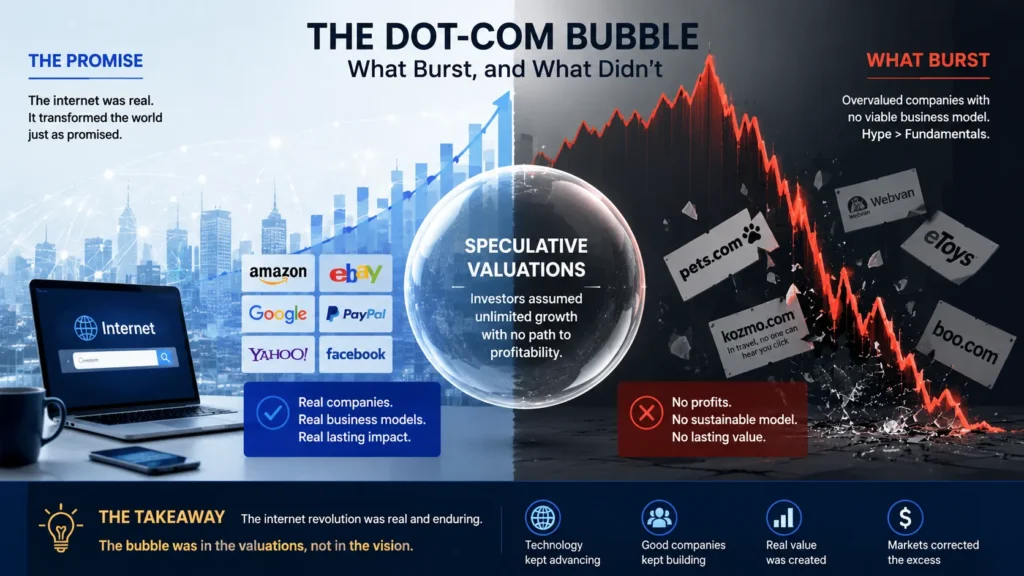 Illustration showing the dot-com bubble, speculative internet stock valuations, rising markets, and the eventual market crash.