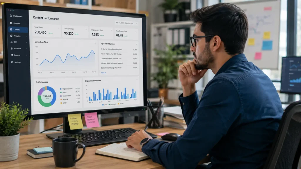 Analyst reviewing data from top content marketing tools on a dashboard