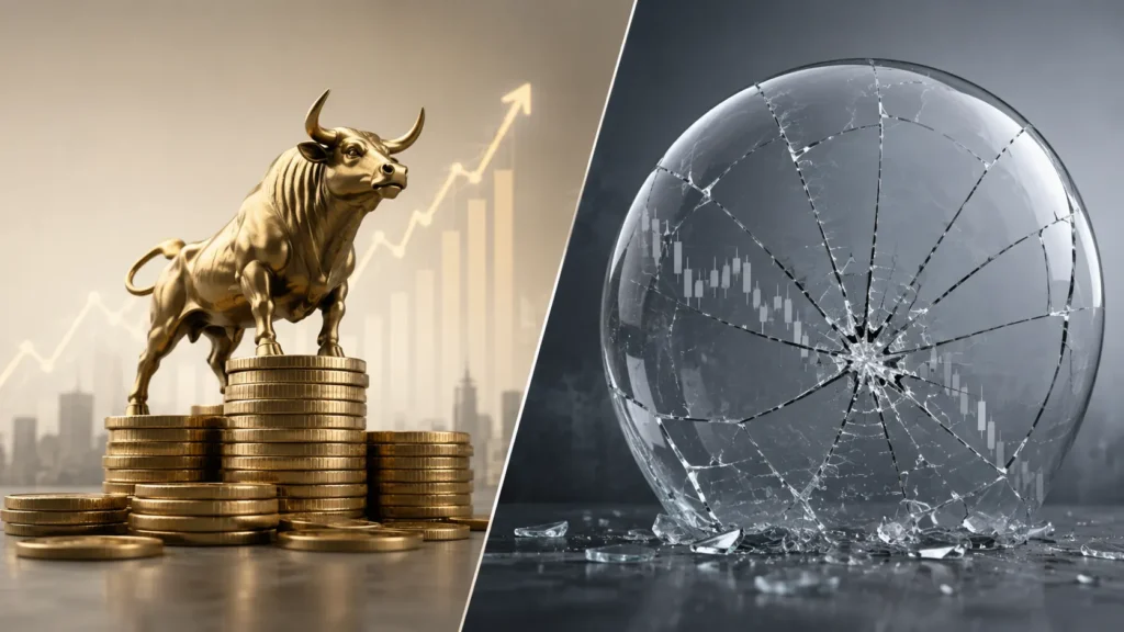 Bull and cracked glass illustrating bubble risk debate around is AI a bubble