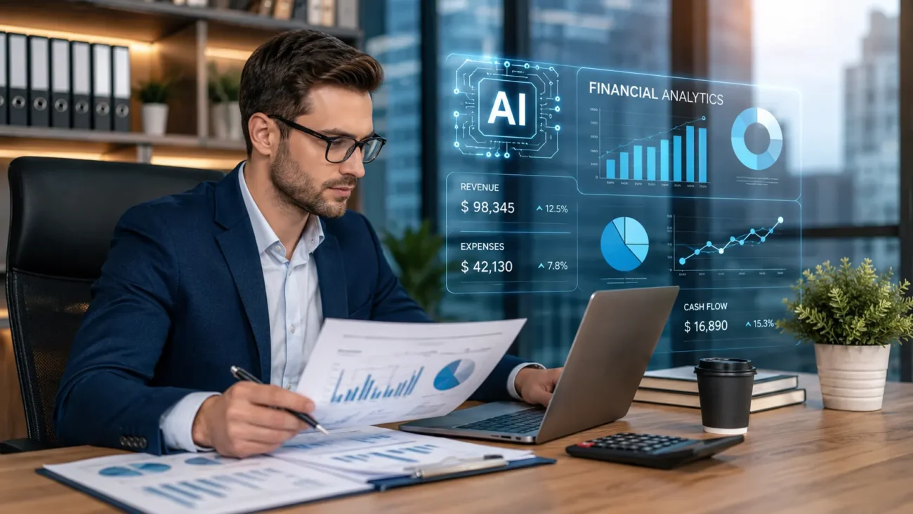 Accountant analyzing financial data with AI technology in a modern office