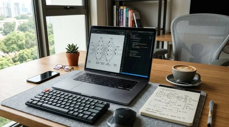 Laptop displaying neural network code on a desk, representing machine learning jobs