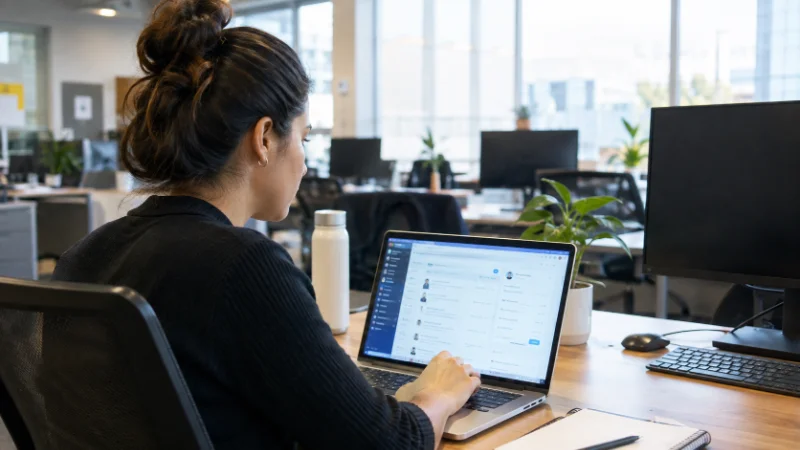 Office worker reviewing an AI tool while asking what jobs AI is replacing