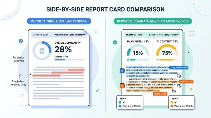 Comparison graphic answering does SafeAssign detect AI versus Turnitin's separate AI writing score