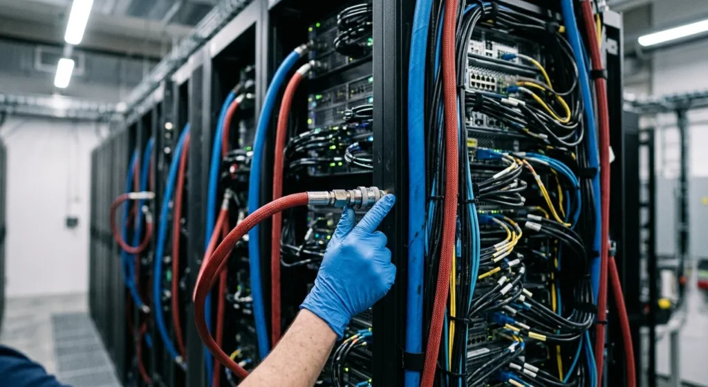 Liquid-cooled GPU rack inside an AI data center