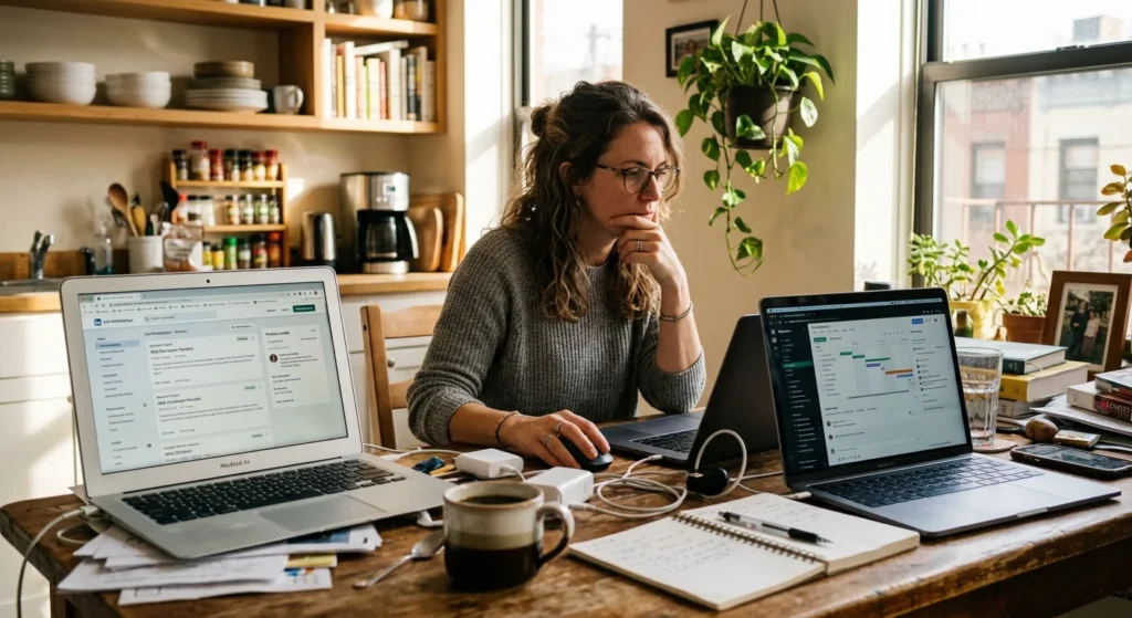 A female contractor sitting at a wooden kitchen table in a brightly lit apartment, managing work across two open laptops displaying different platforms alongside a notebook and coffee mug