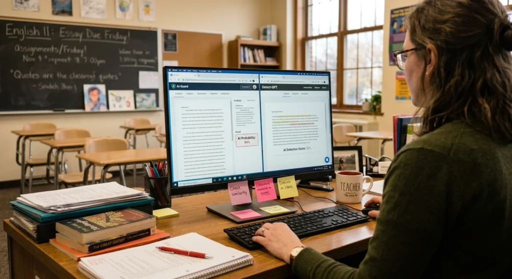 Instructor comparing two AI detector results to see how do teachers check for AI accurately