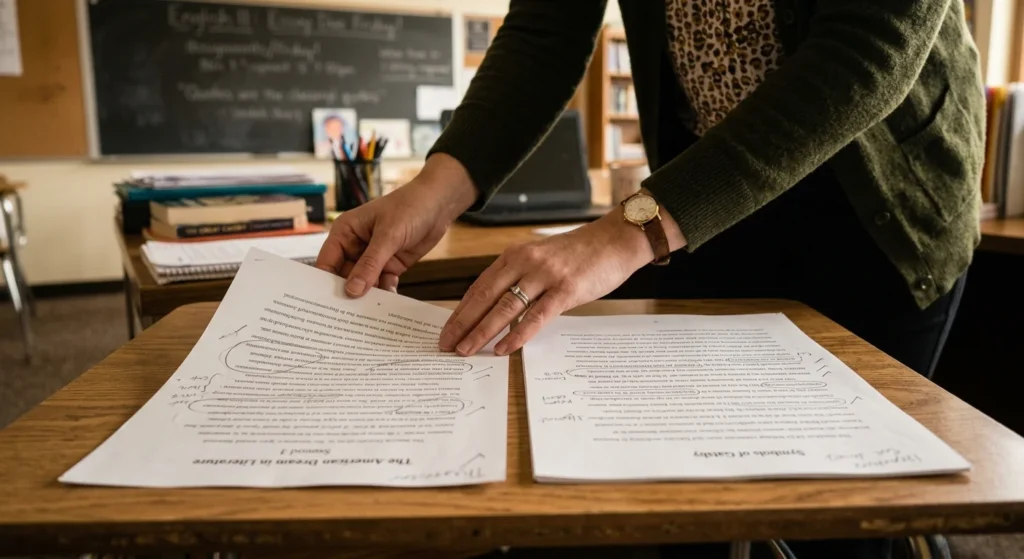 Teacher comparing two printed essays by one student to check for AI, a practical answer to how do teachers check for AI