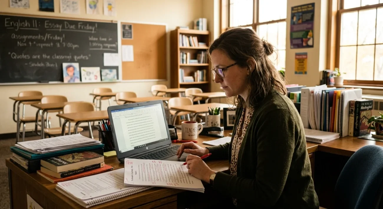Teacher reviewing a student essay on a laptop to check for AI writing, showing how do teachers check for AI