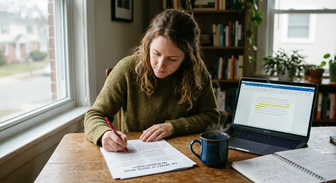 Editor reviewing a printed draft to learn how to check for AI writing words