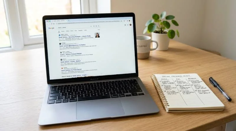 Laptop showing search results and a checklist for how to polish online presence