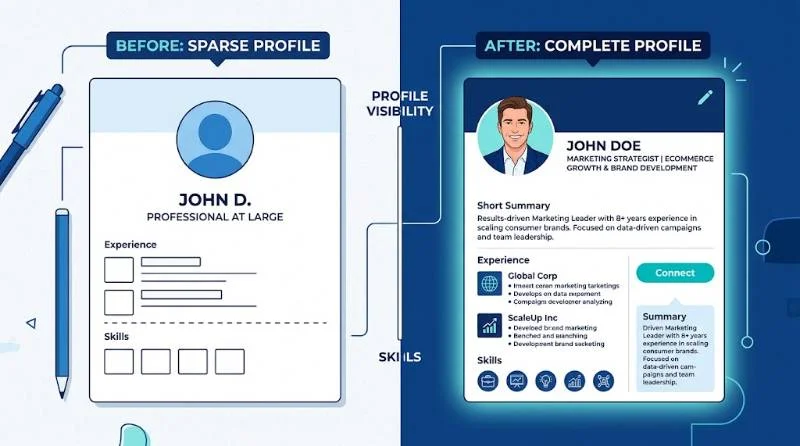 Before and after profile comparison showing how to polish online presence on a professional network