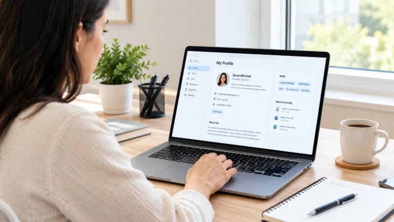 Professional reviewing a clean profile on a laptop to learn how to polish online presence