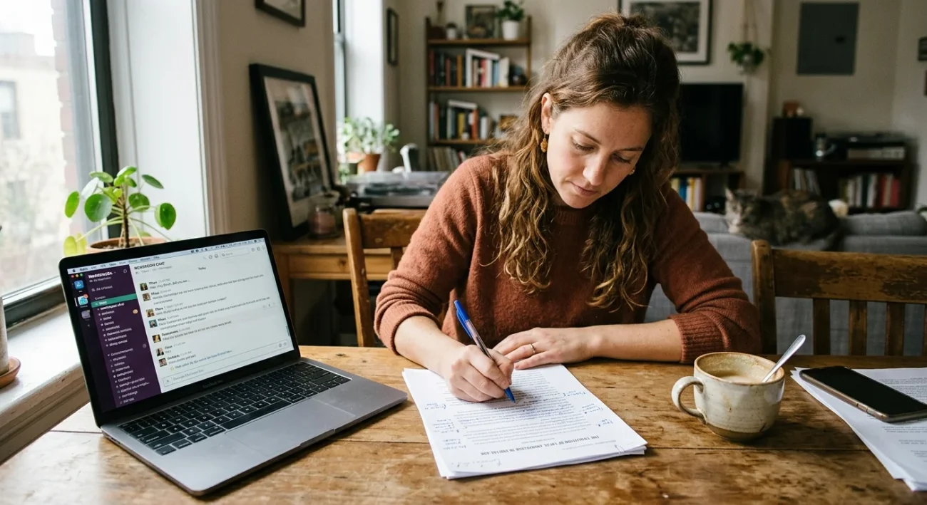 Writer editing a printed draft by hand to show how to use AI tools without losing originality