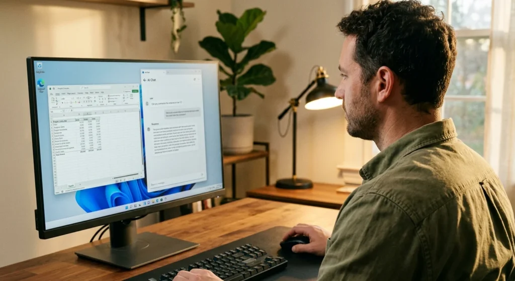 Man trying how to use Copilot on a Windows 11 desktop