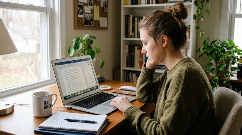 Writer checking edits on a laptop while wondering if Grammarly AI counts as AI writing
