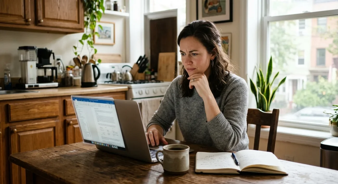 Freelancer checking whether Outlier AI is legit on a laptop at a kitchen table