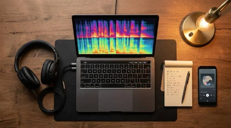 Laptop spectrogram and headphones used to test is Skars AI music