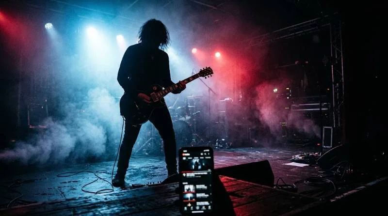 Faceless goth rock performer on a foggy stage illustrating the question is Skars AI