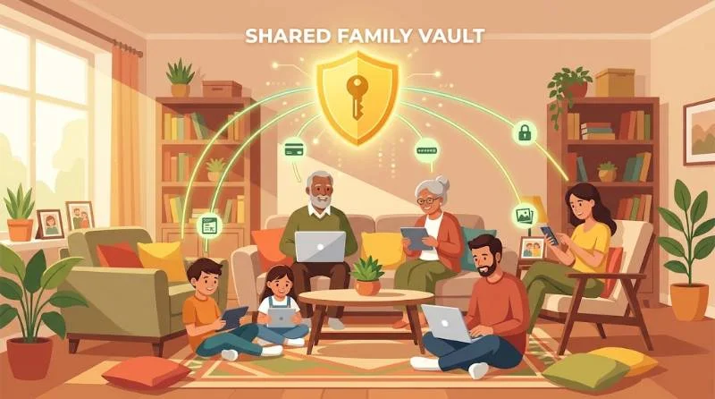 Family using devices with a shared vault icon, illustrating LastPass vs 1Password family plans