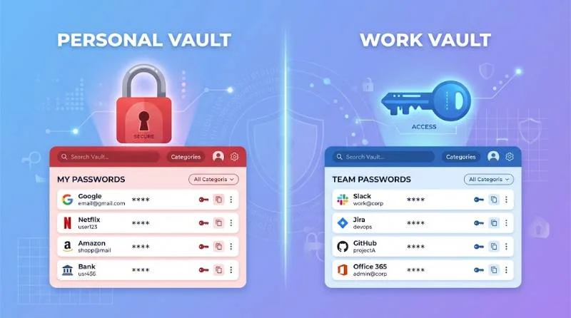 Side-by-side illustration of LastPass vs 1Password password manager vaults
