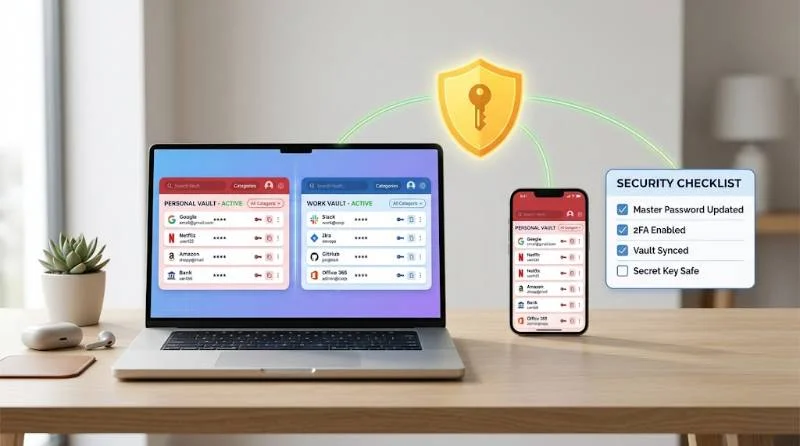 Laptop and phone showing LastPass vs 1Password apps during password manager setup