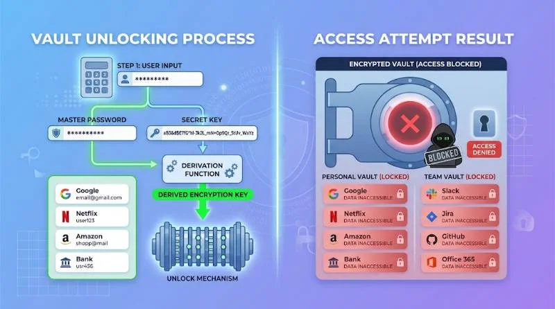 Diagram comparing LastPass vs 1Password vault security with a Secret Key protecting an encrypted vault