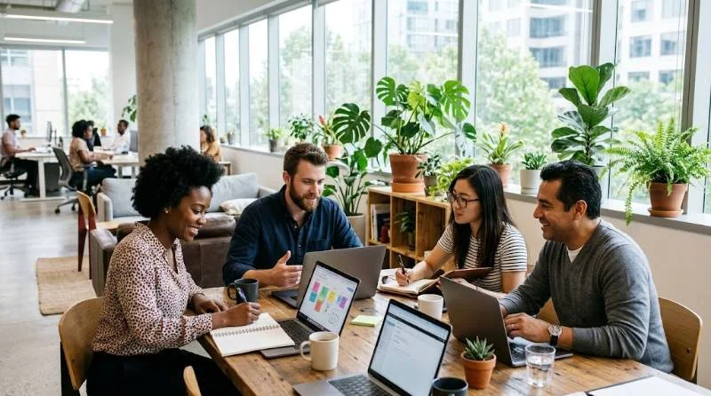 Team of professionals collaborating in a modern office, representing OpenAI careers and open roles