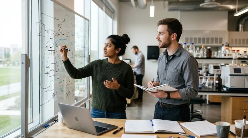 Two early-career researchers collaborating at a whiteboard, illustrating OpenAI careers residency programs