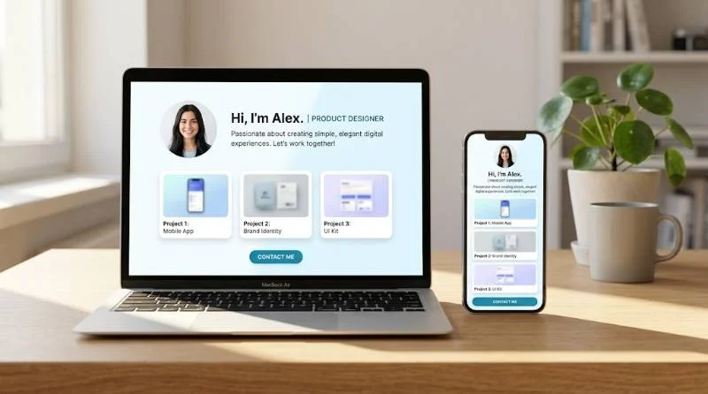 One-page personal website on laptop and phone used to polish online presence