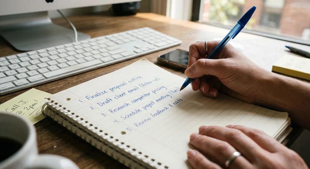 Handwritten notes planning a post before learning how to use AI tools without losing originality