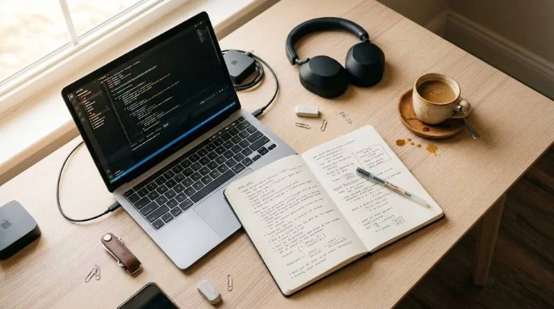 Desk with notes and laptop set up for preparing for OpenAI careers interviews