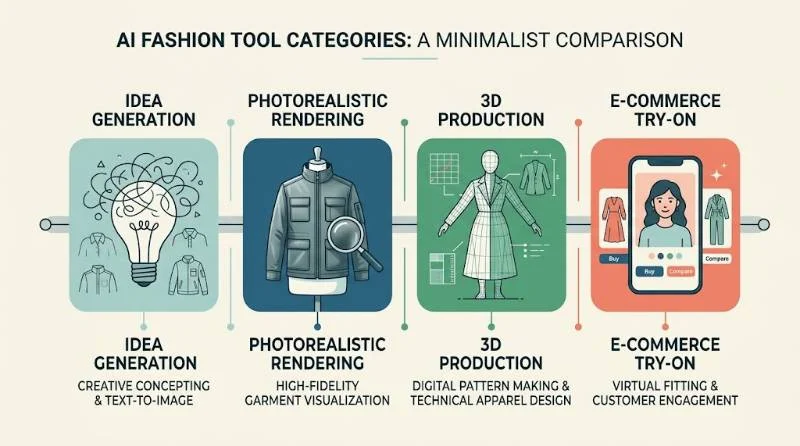 Comparison graphic of The New Black AI alternatives grouped by design, rendering, 3D, and e-commerce use